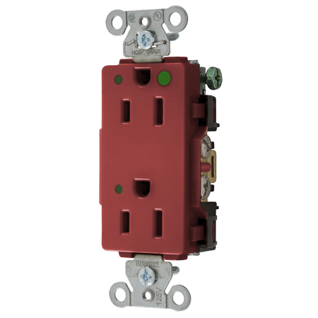 HUBBELL WIRING DEVICE-KELLEMS Straight Blade Devices, Decorator Duplex Receptacle, Hospital Grade, Hubbell-Pro, LED Indicator, 15A 125V, 2-Pole 3-Wire Grounding, 5-15R, Red 2172REDL